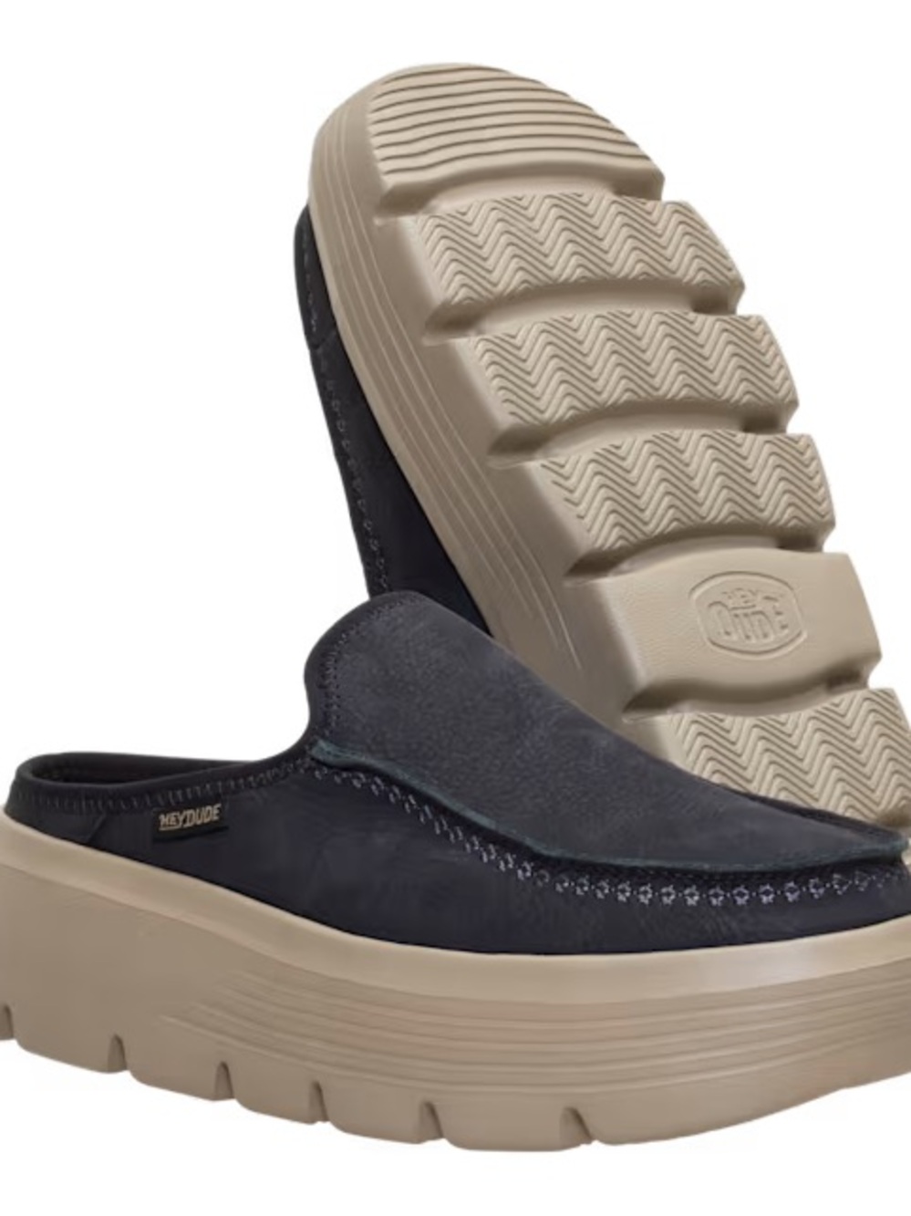 Hey Dude Austin Edge Navy and Beige Platform Mule Clogs Womens 9